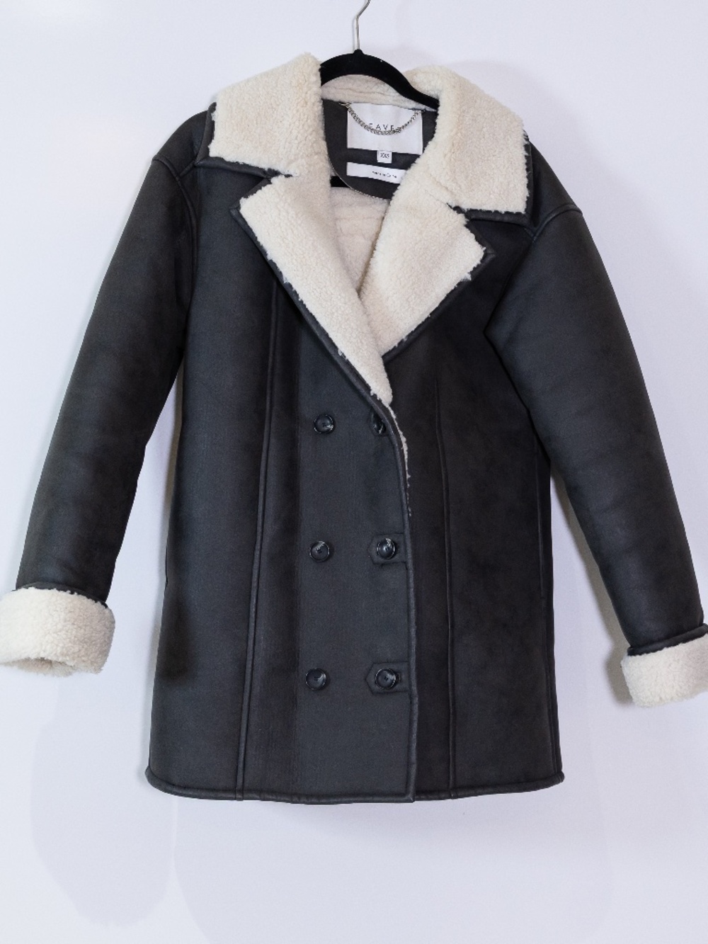 Eaves Leon Faux Leather Shearling Lined Double Breasted Jacket Coat Washed Black
